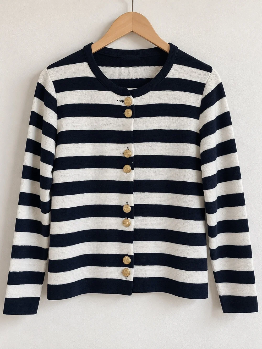 Zara Striped Gold Button Thick Knit Cardigan L Navy Ivory Cotton Blend Nautica